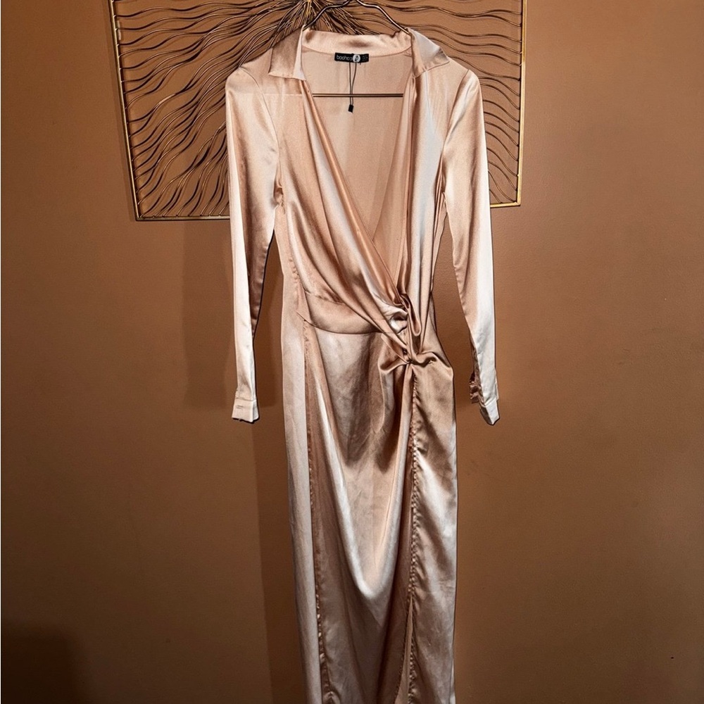 Boohoo Satin Wrap Dress in Champagne